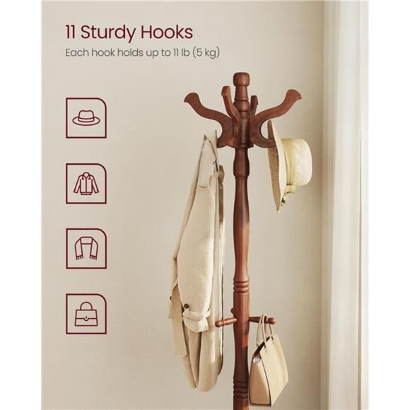 Coat Stand, Solid Wood Freestanding Coat Rack with 11 Hooks, Hall Tree - Picture 3 of 7